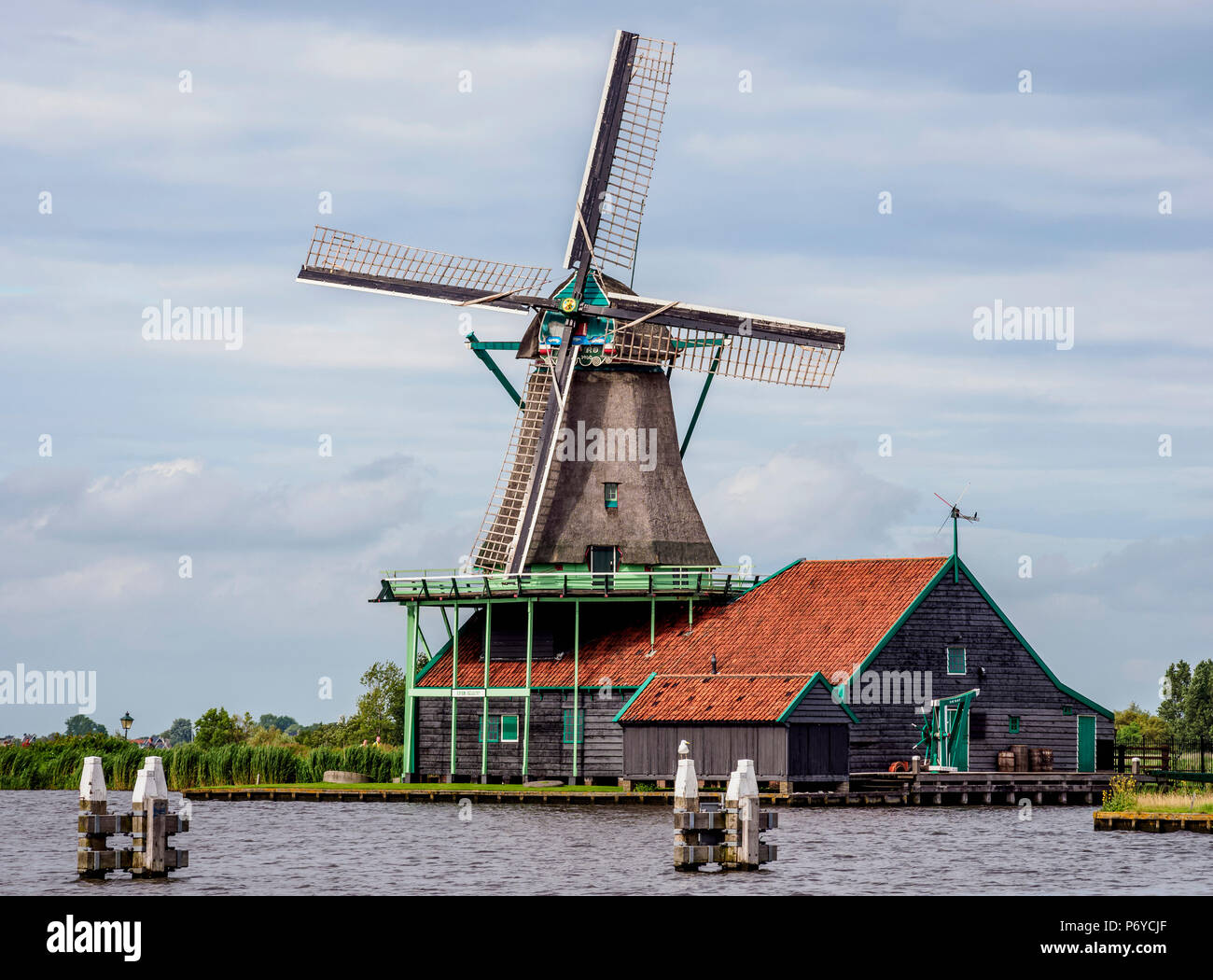 Windmill in Zaanse Schans, Zaandam, North Holland, The Netherlands Stock Photo