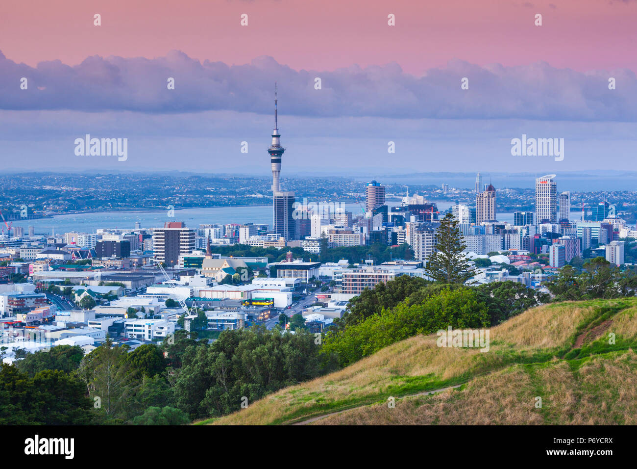 New Zealand, North Island, Auckland, elevated skyline from Mt. Eden volcano cone, dusk Stock Photo