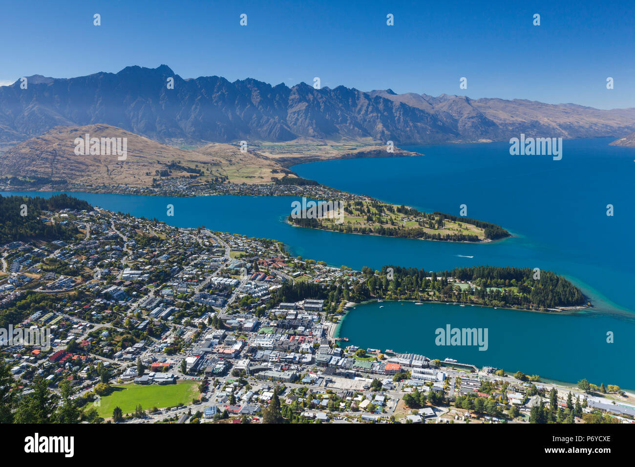 New Zealand, South Island, Otago, Queenstown, elevated town view from the Skyline Gondola deck Stock Photo
