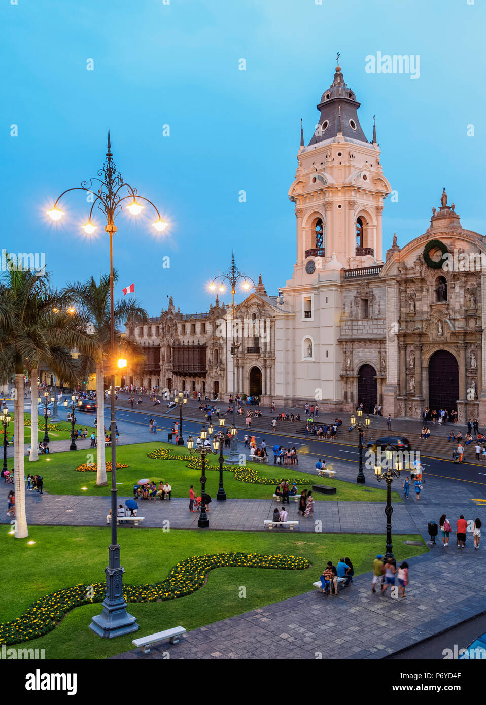 Cathedral and Plaza de Armas at twilight, elevated view, Lima, Peru Stock Photo