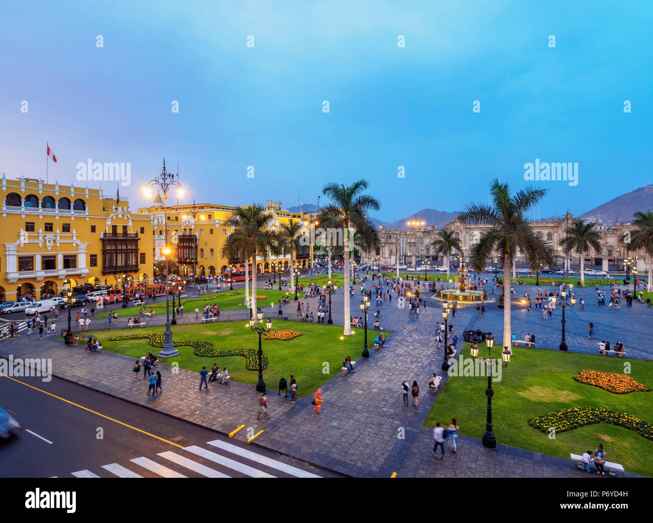 Plaza de Armas at twilight, elevated view, Lima, Peru Stock Photo