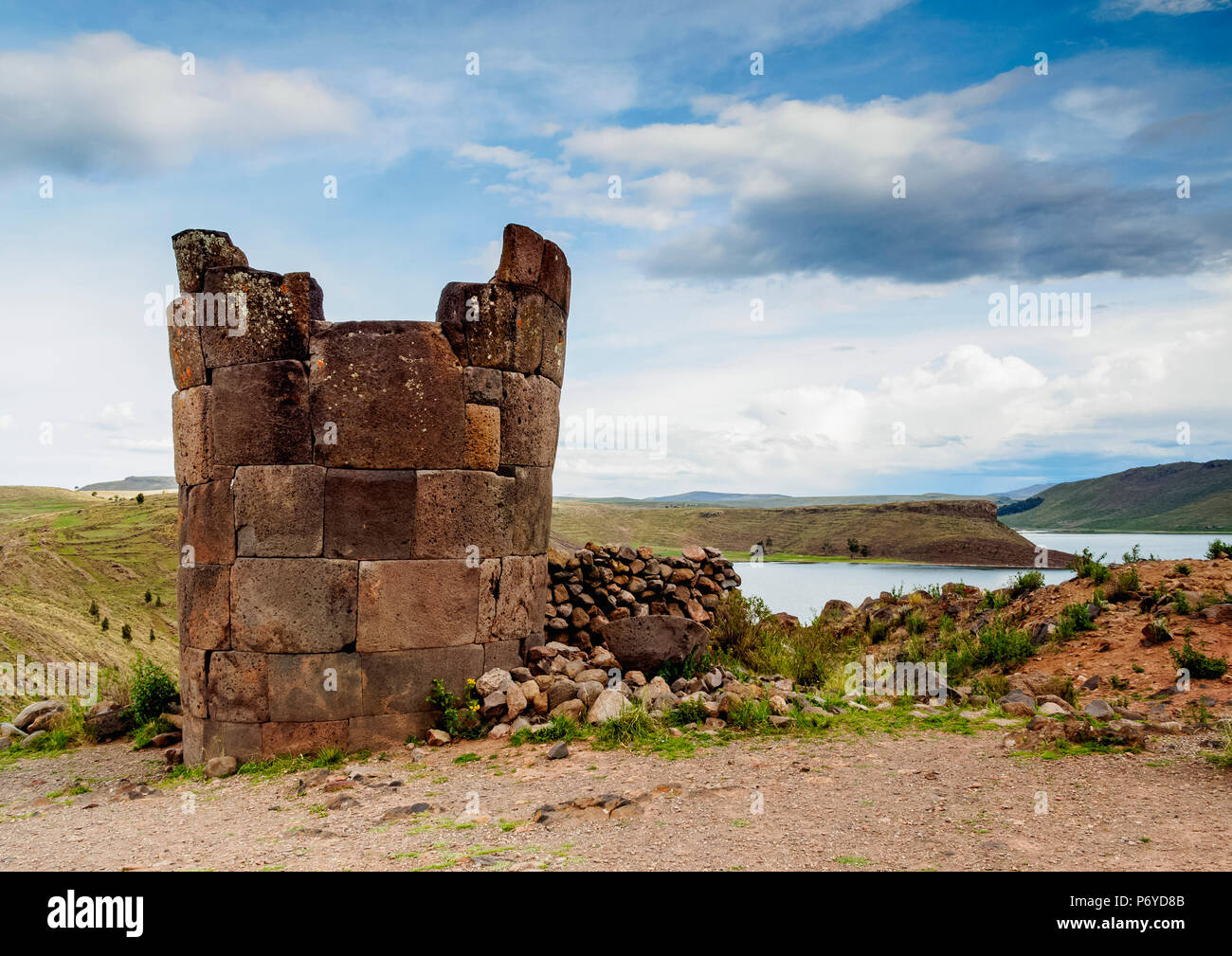 Chullpa by the Lake Umayo in Sillustani, Puno Region, Peru Stock Photo