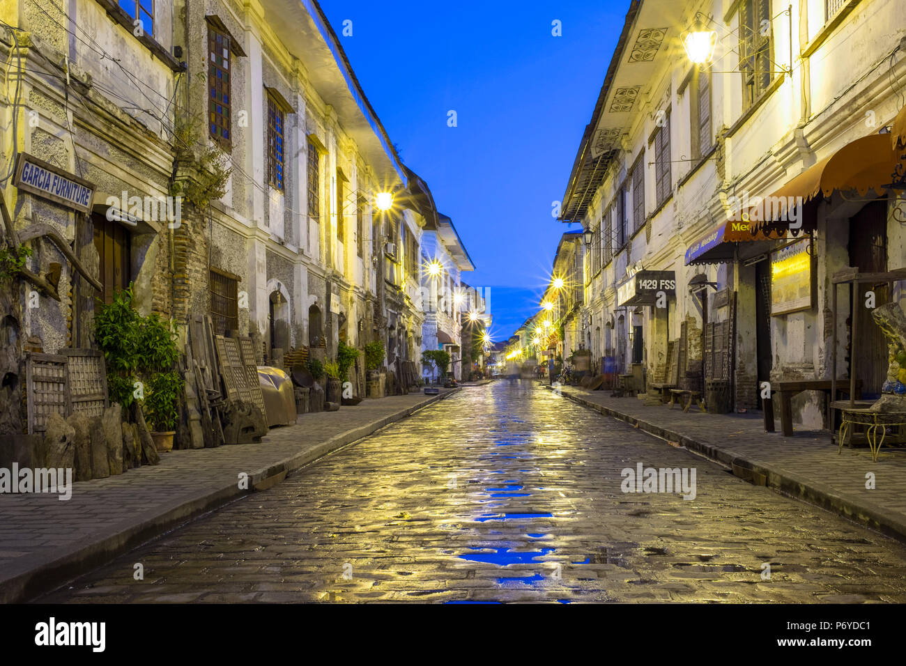 Calle Crisologo at dawn, Vigan City, Ilocos Sur, Ilocos Region, Philippines Stock Photo