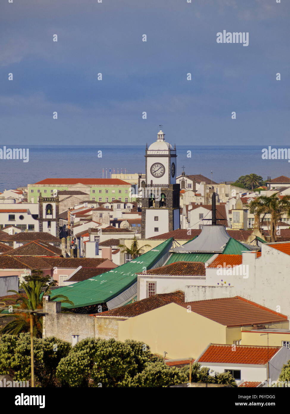 Portugal, Azores, Sao Miguel, Ponta Delgada, Elevated view of the Old Town. Stock Photo