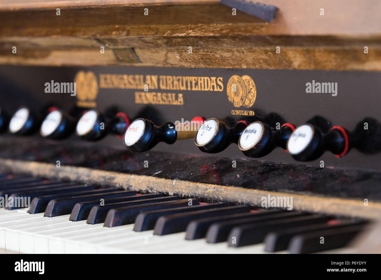 Keys of old musical instrument, organ accordion Stock Photo Alamy