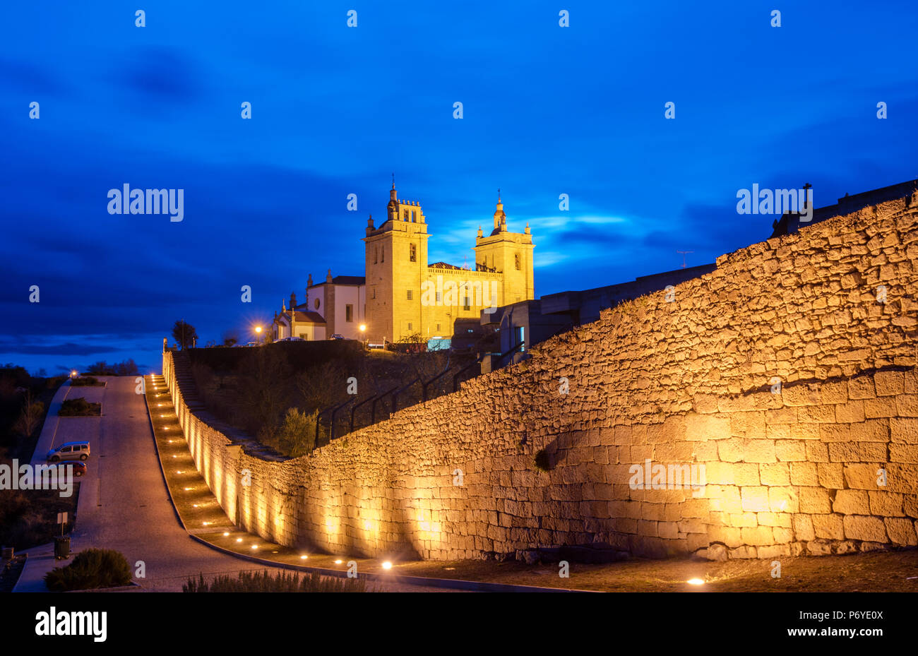 The Cathedral of the walled city of Miranda do Douro at dusk. Tras-os-Montes, Portugal Stock Photo