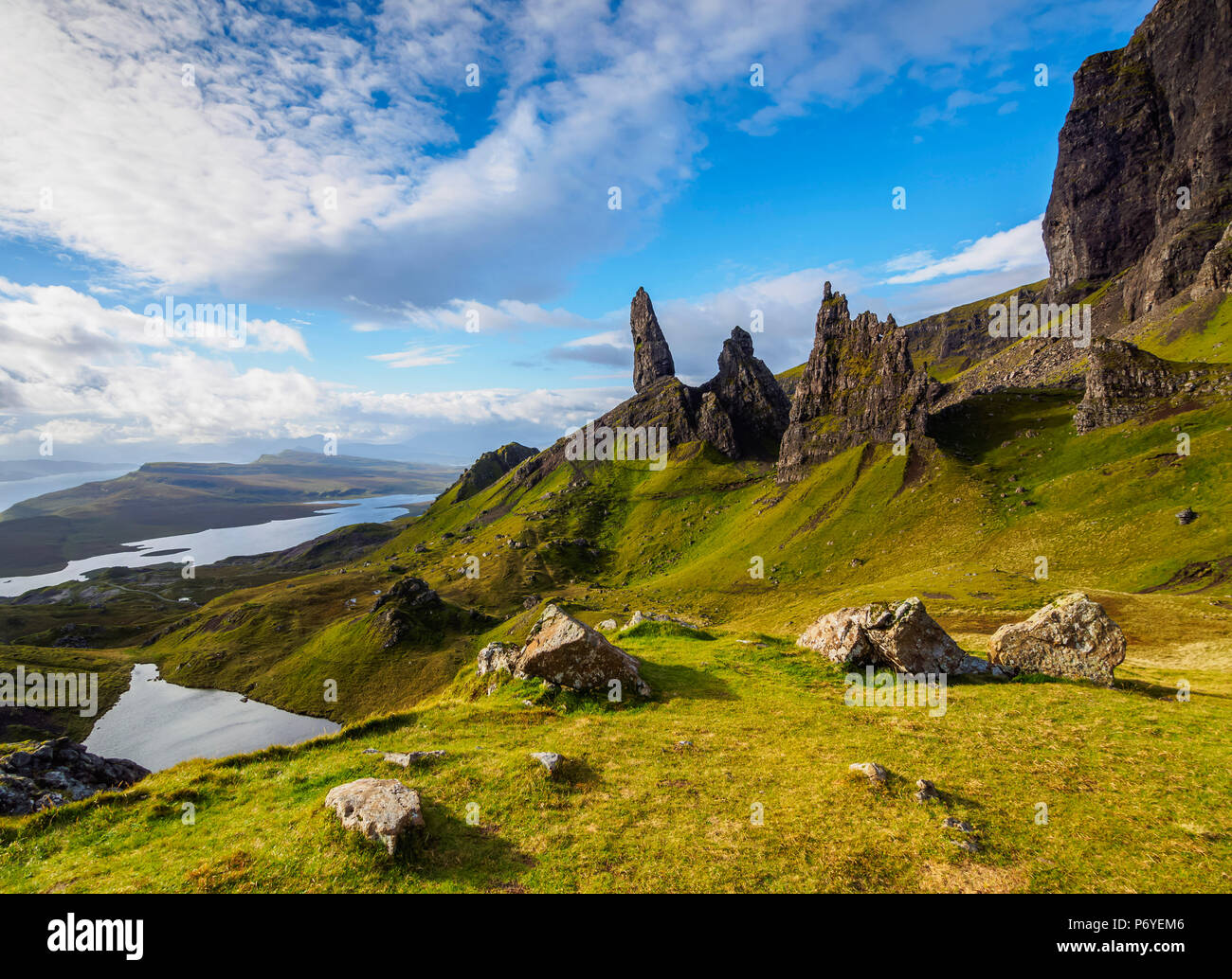 UK, Scotland, Highlands, Isle of Skye, View of the Old Man of Storr. Stock Photo