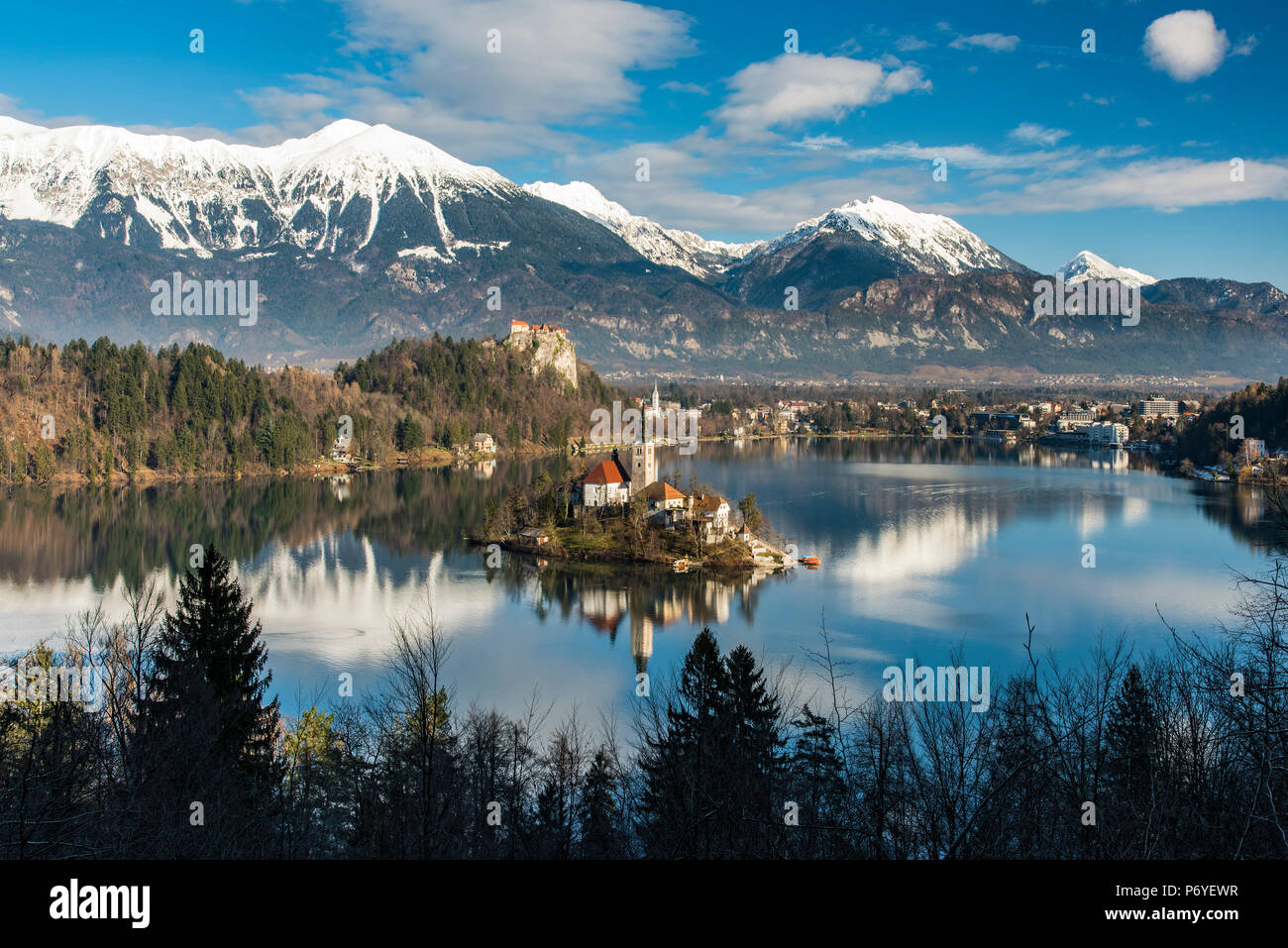 Top view over Lake Bled, Upper Carniola, Slovenia Stock Photo