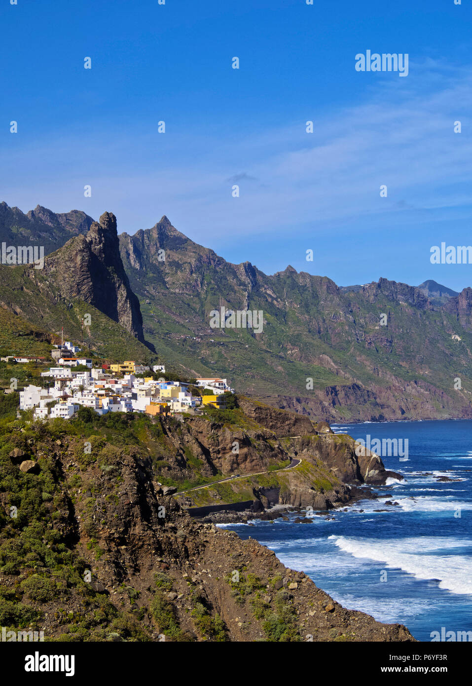 Spain, Canary Islands, Tenerife, View of the Almaciga village and the Anaga Mountains. Stock Photo