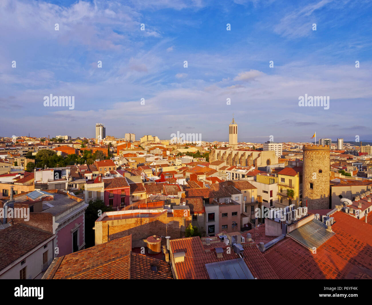 Spain, Catalonia, Barcelona Province, Terrassa, Elevated view of the city with the Torre del Palau and the Catedral Basilica del Sant Esperit. Stock Photo