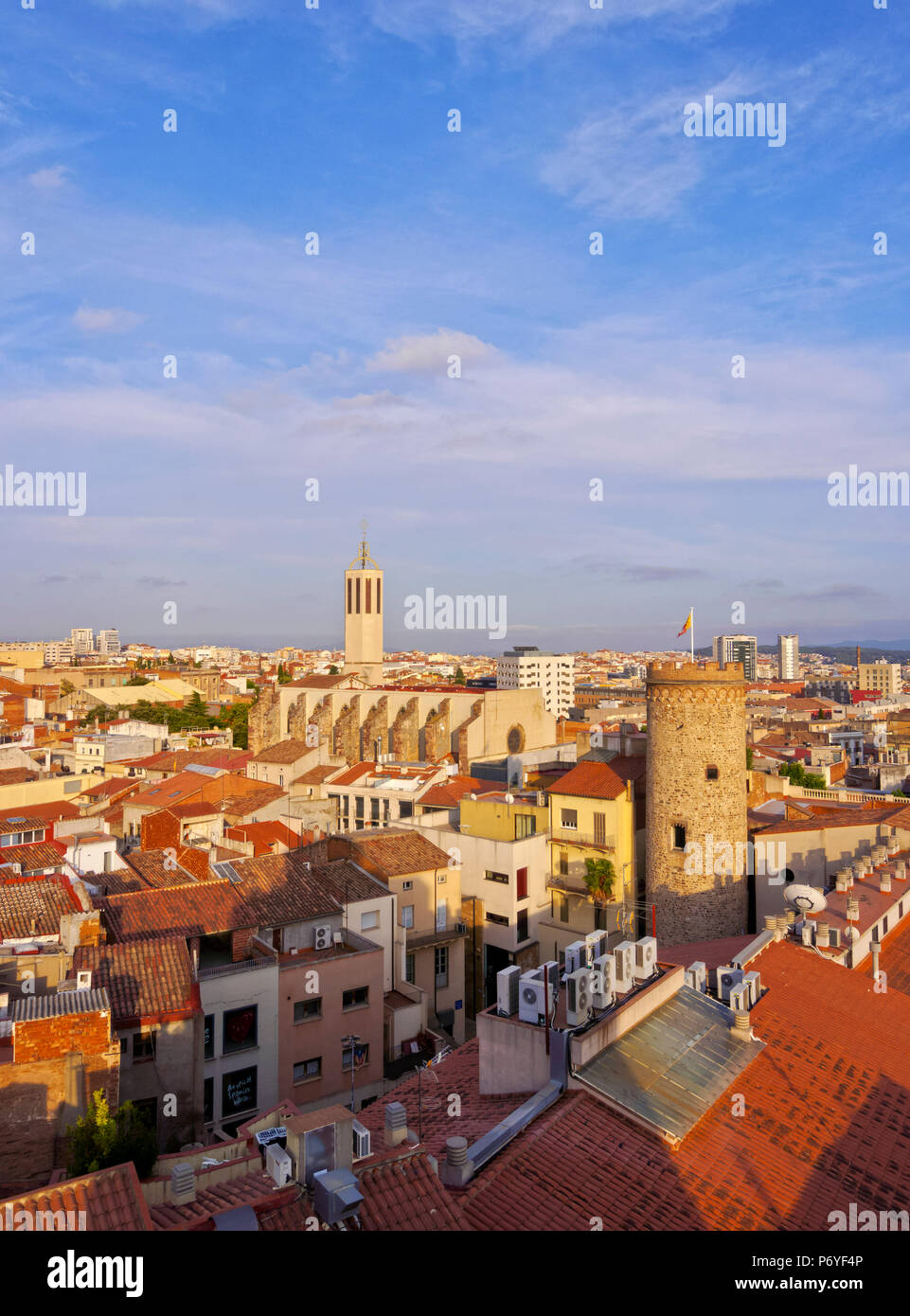 Spain, Catalonia, Barcelona Province, Terrassa, Elevated view of the city with the Torre del Palau and the Catedral Basilica del Sant Esperit. Stock Photo
