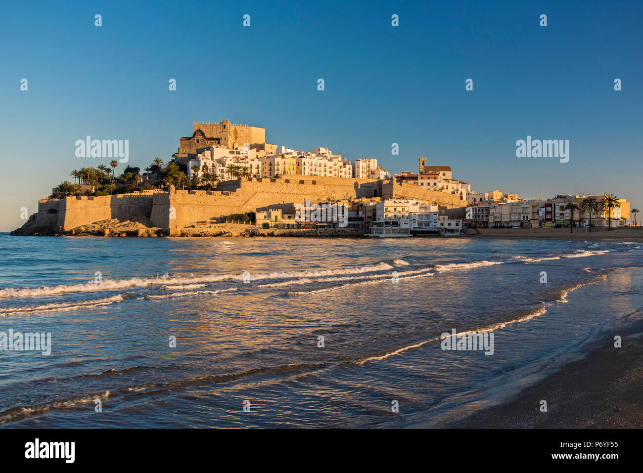 Sunset view over the fortified town of Peniscola, Comunidad Valenciana, Spain Stock Photo