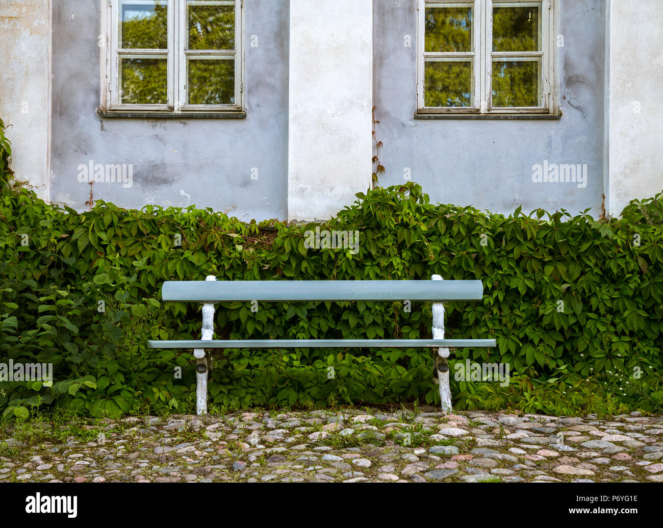 Old blue wooden bench in front of green shrubs and weathered blue house ...