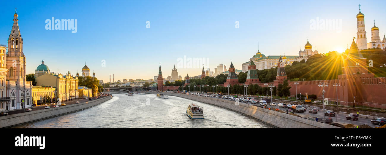 Panorama of the Moskva river with the Kremlin's towers at sunset, Moscow, Russia Stock Photo