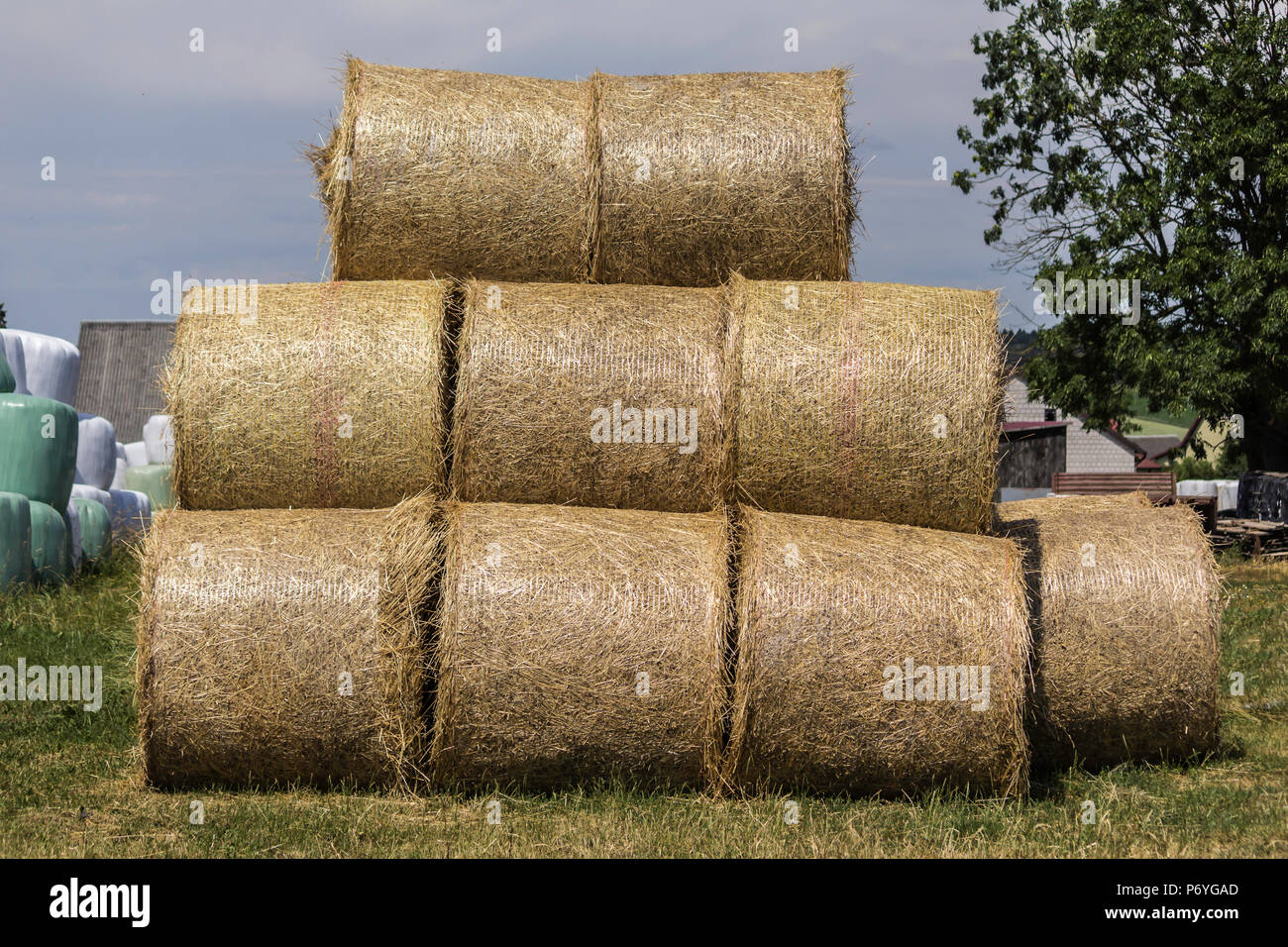 Stacked like a pyramid, round yellow bales of straw in the cloudy