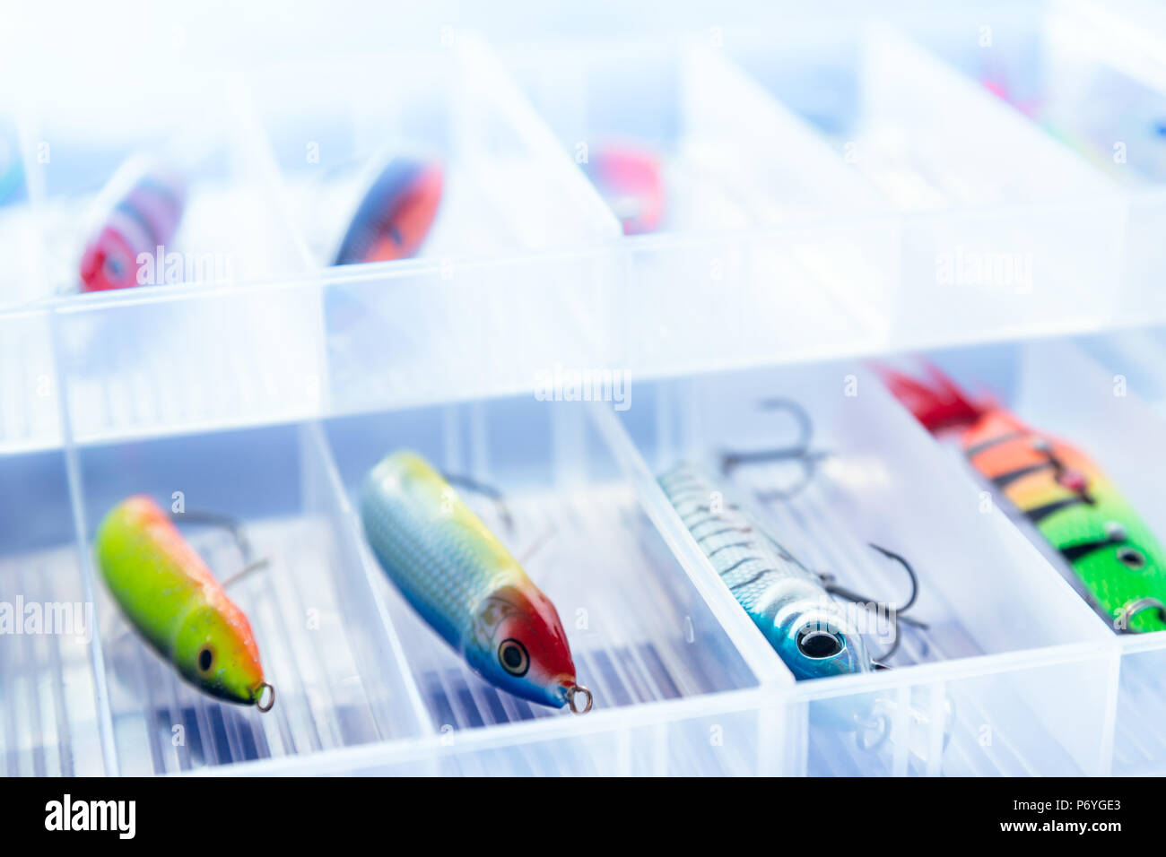Some fishing lures in transparent plastic box Stock Photo Alamy