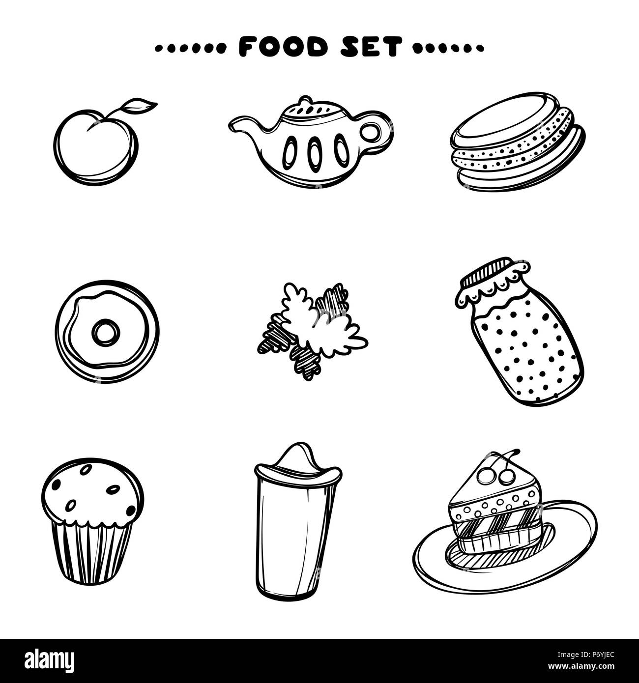 Hand drawn set of breakfast food. Sketch concept illustration. Food set
