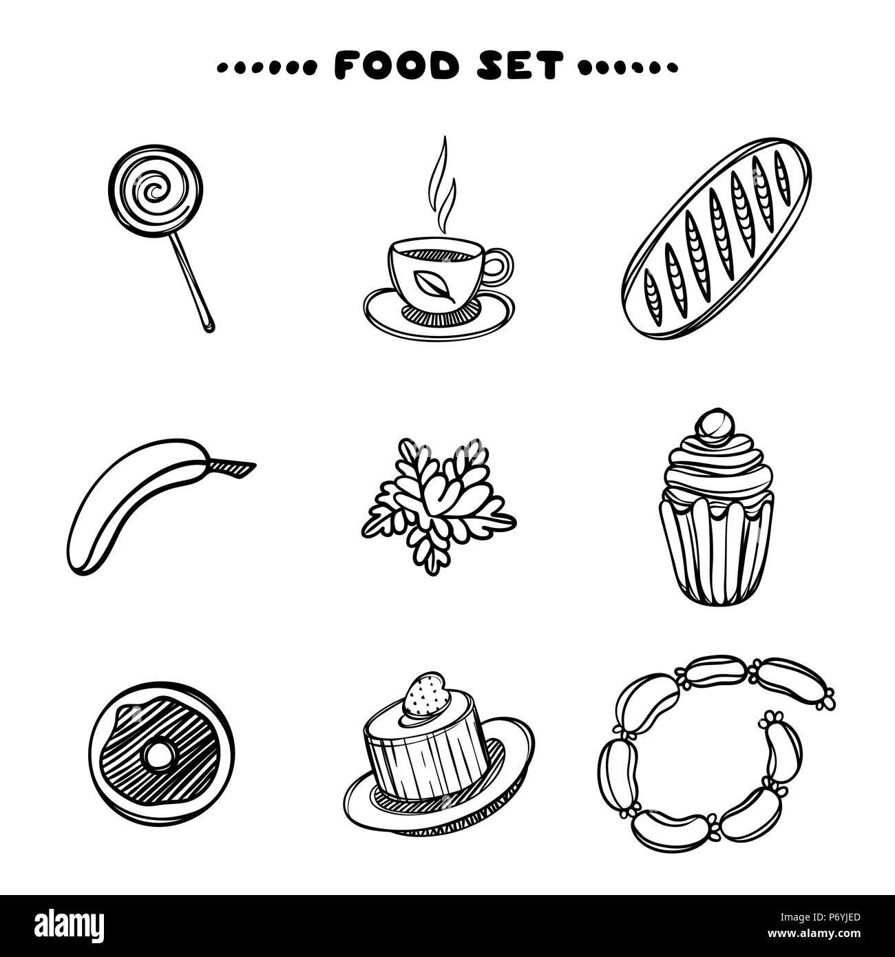 Hand drawn set of breakfast food. Sketch concept illustration. Food set