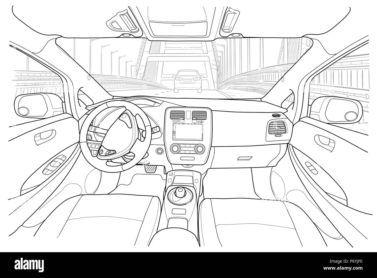 The machine inside. The interior of the electromobile vehicle with automatic transmission. Vector illustration of the lines. Stock Vector