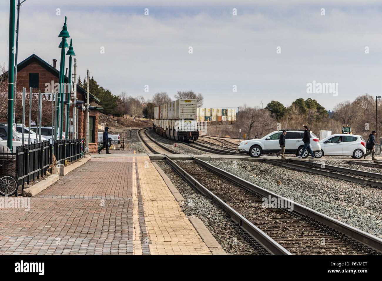 Flagstaff AZ Grade Crossing after a container train has gone through Stock Photo