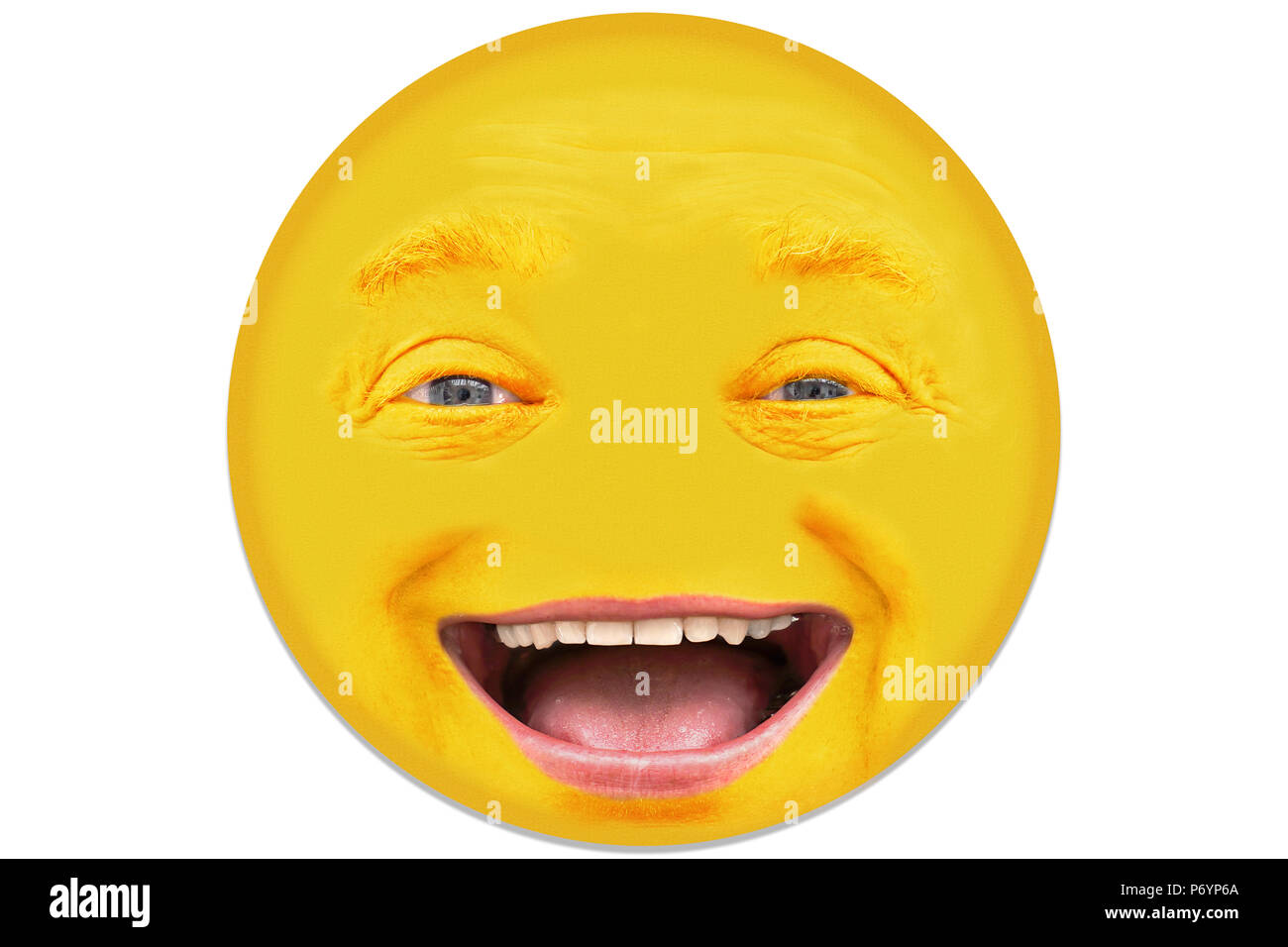 A man in his mid 40s laughs. The facial features have a lot of facial expressions. The face is circular cut out and isolated against white background. Stock Photo