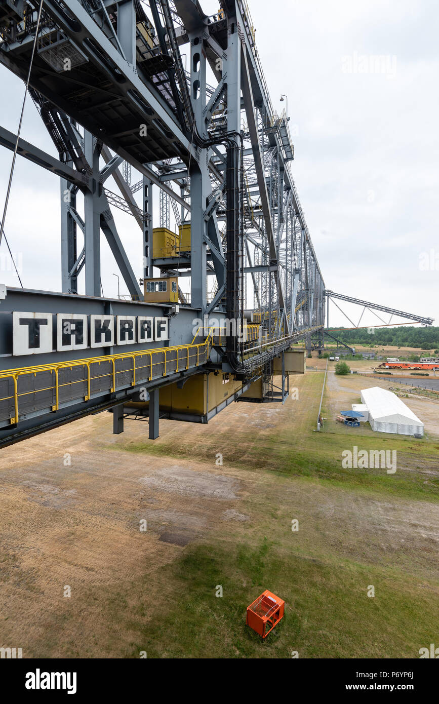 F60 is the series designation of five overburden conveyor bridges used in brown coal (lignite) opencast mining in the Lusatian coalfields in Germany.  Stock Photo
