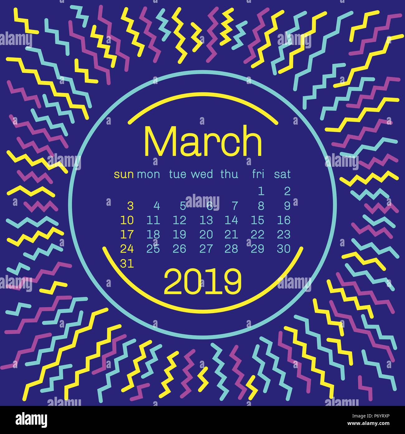 2019. March Calendar page in memphis style poster for concept typography design, flat color. Week starts on Sunday Stock Vector