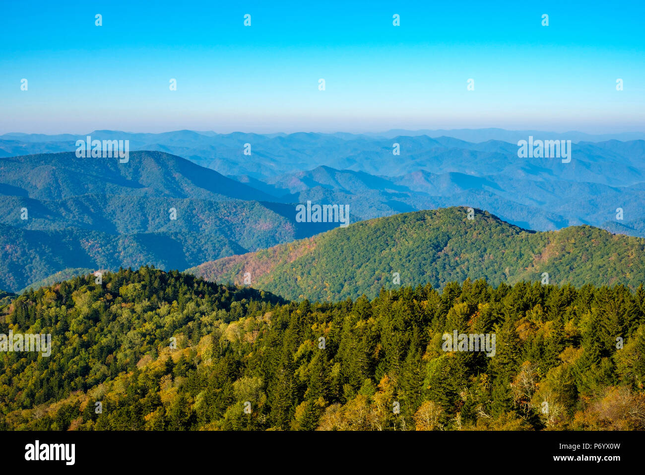 United States, North Carolina, Jackson County. Blue Ridge Mountains from Bear Ridge Gap, Blue Ridge Parkway. Stock Photo