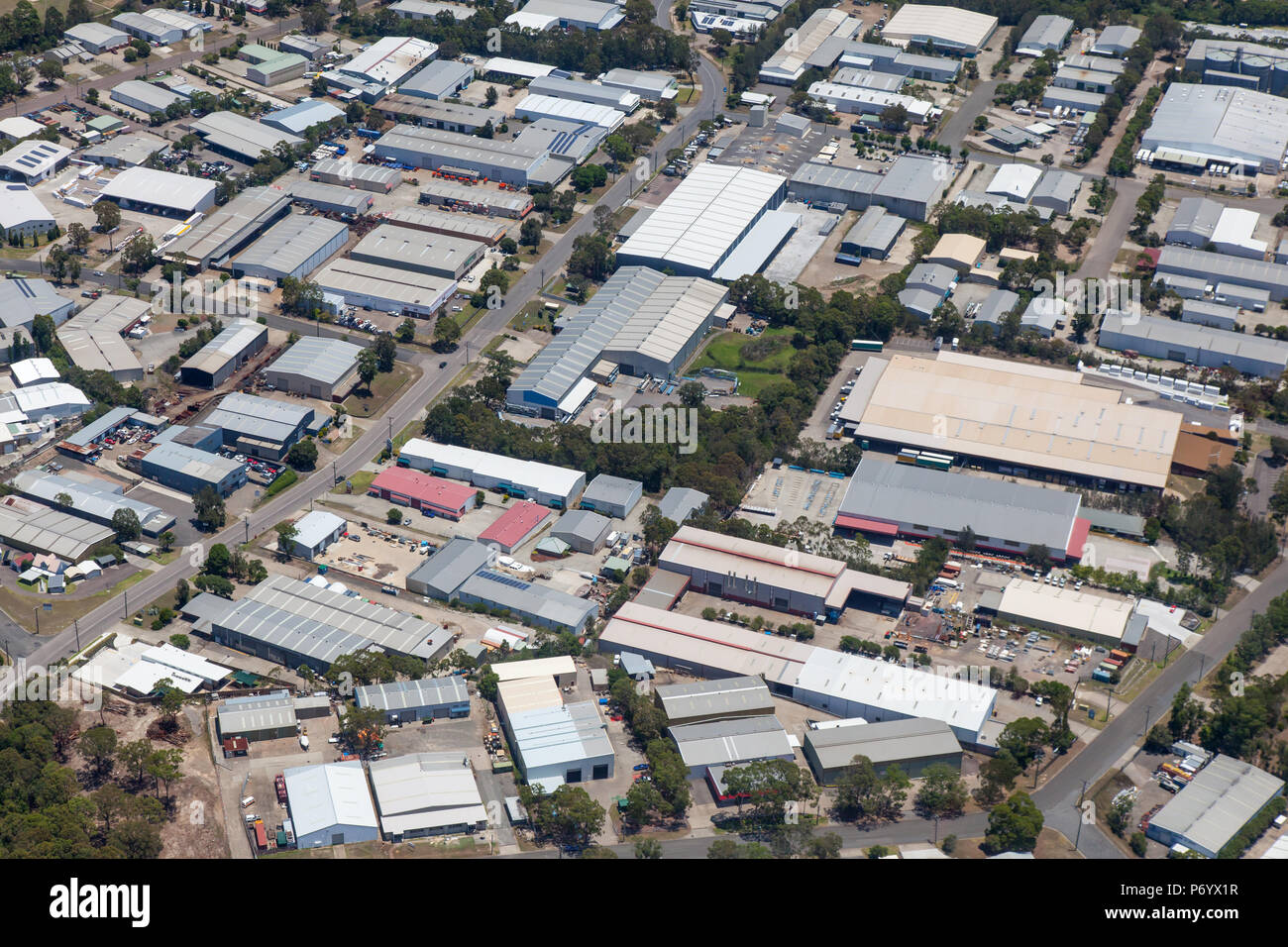 Aerial view of light industrial - commerical area in Newcastle NSW. This is typical of light industrial - commercial areas in Australian urban  centre Stock Photo