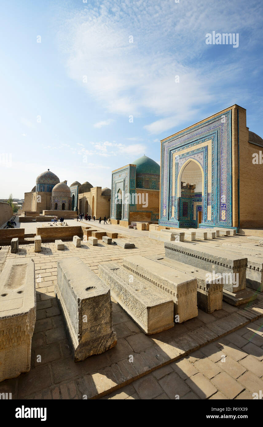 The Shah-i-Zinda Ensemble includes mausoleums and other ritual buildings of 9-14th and 19th centuries. A Unesco World Heritage Site, Samarkand. Uzbekistan Stock Photo