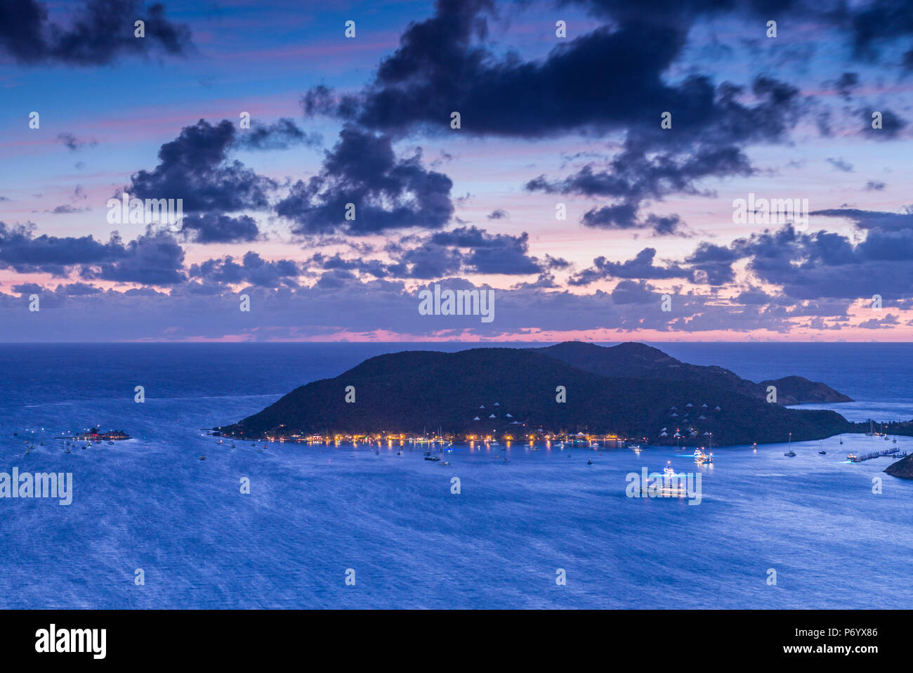 British Virgin Islands, Virgin Gorda, North Sound of North Sound and Bitter End Yacht Club from Fanny Hill, dawn Stock Photo