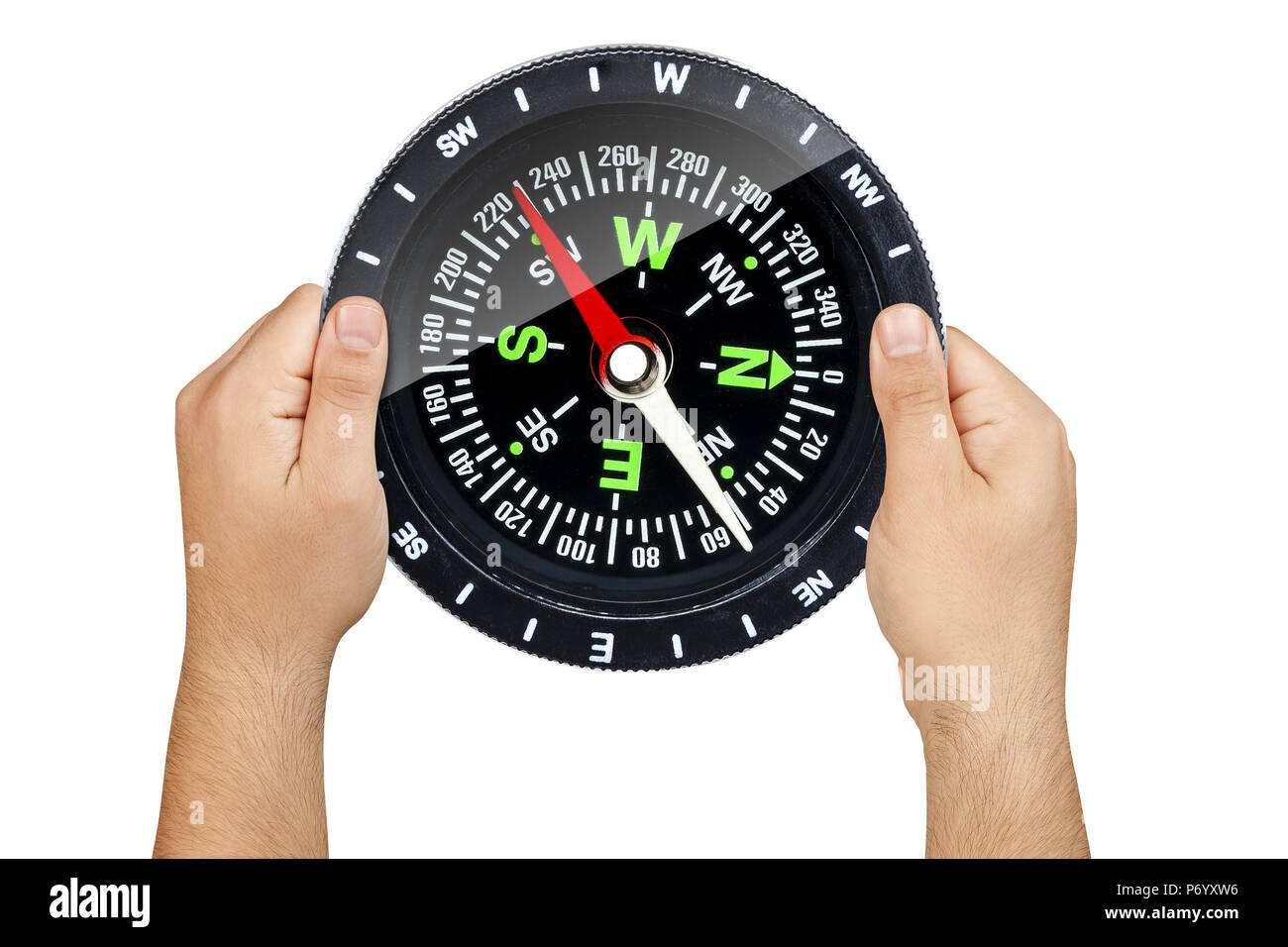 Hands holding compass isolated on white Stock Photo Alamy