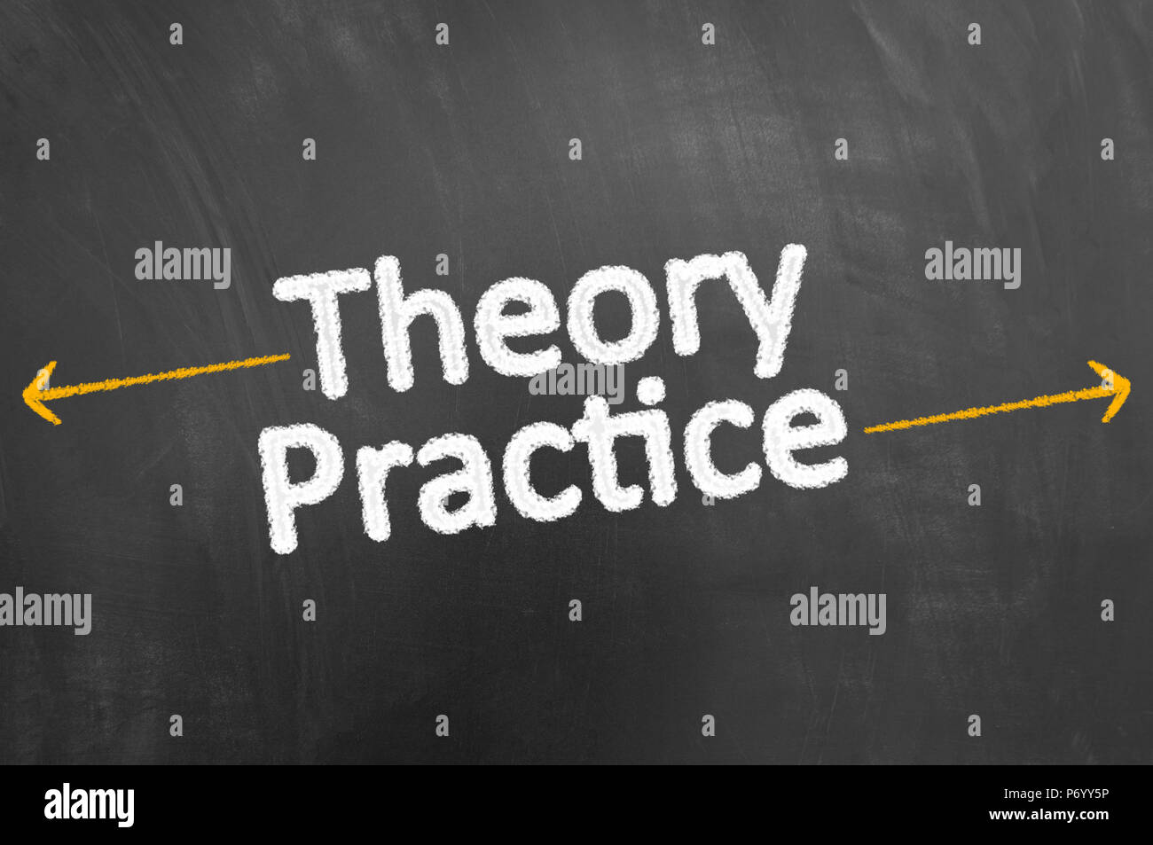 Theory practice chalk text writing on blackboard or chalkboard as skill