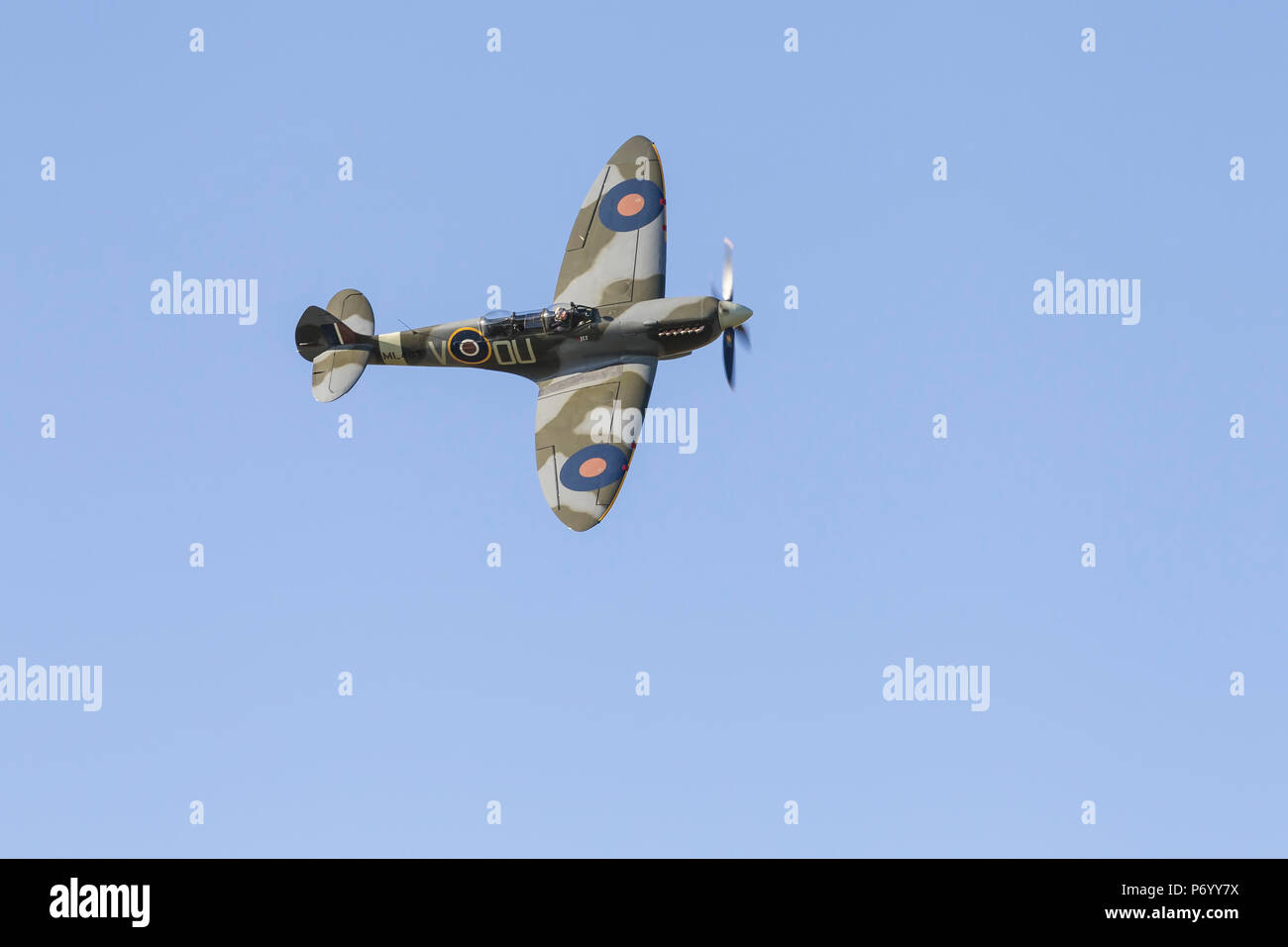Supermarine Spitfire TR Mk IXc flying overhead at The Blades Summer  Ball 2018, Sywell aerodeome, Northamptonshire. Stock Photo