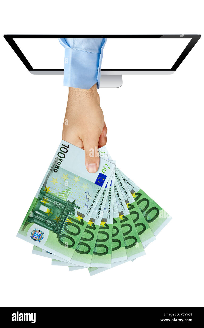 hand holding fan of 100 Euro Banknotes coming out from computer screen Stock Photo