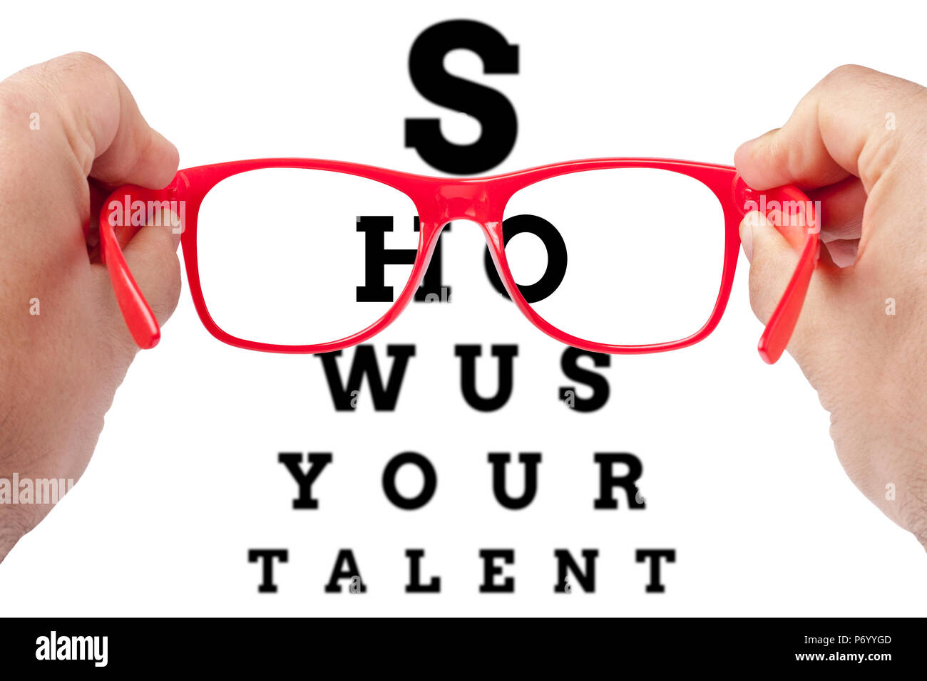 focusing on text Show us your talent arranged as eye chart test Stock Photo