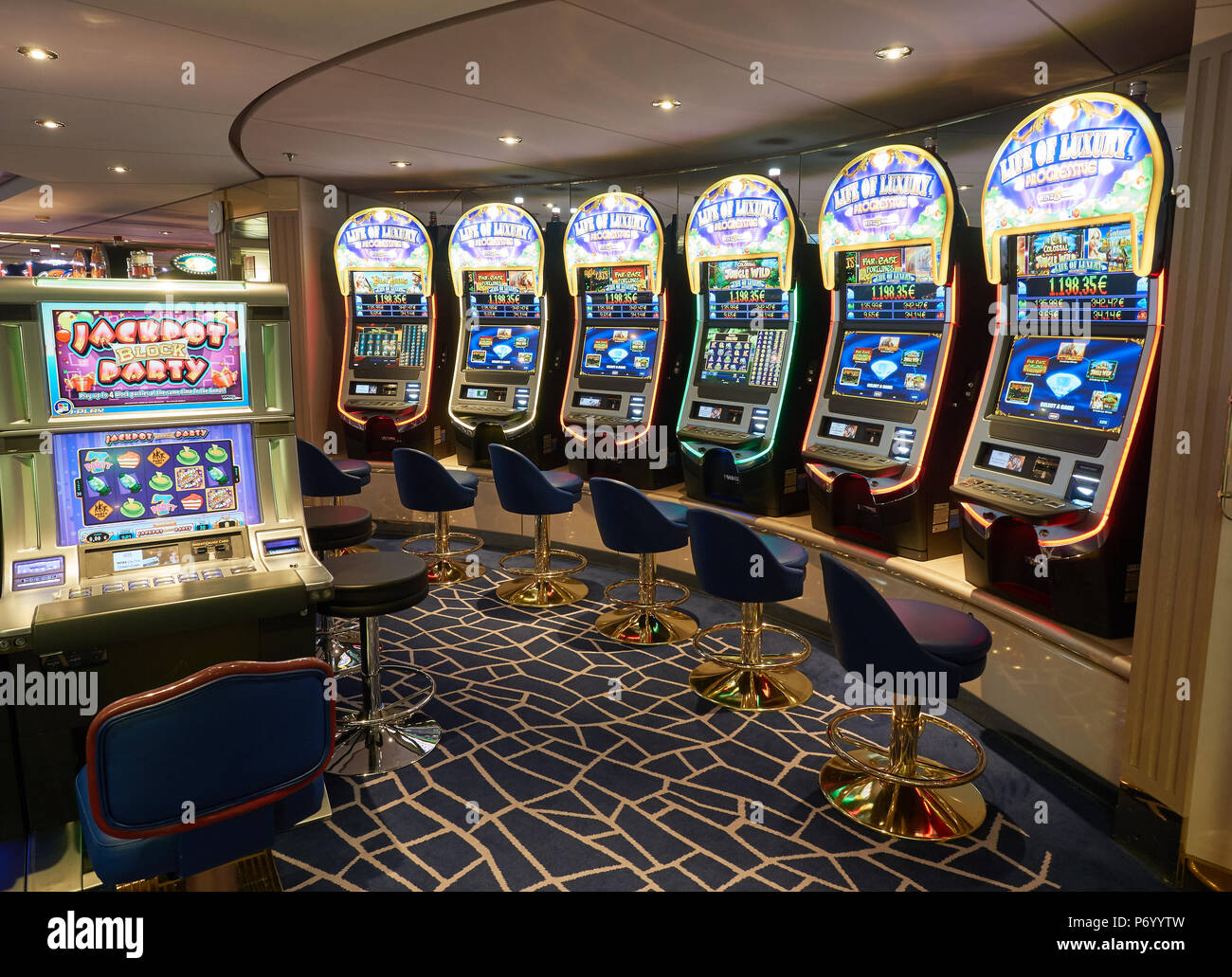 Cruise liner Opera of MSC - June 2016: Slot machines in gambling casino on board Stock Photo