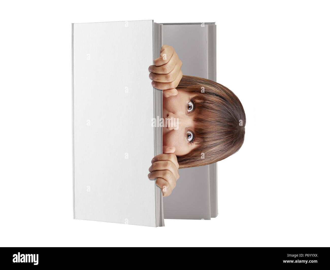 Woman popping out from blank hard cover book looking surprised or scared isolated Stock Photo