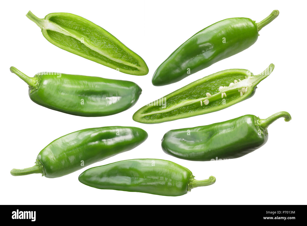 Anaheim chile peppers, whole and halved green pods (Capsicum annuum