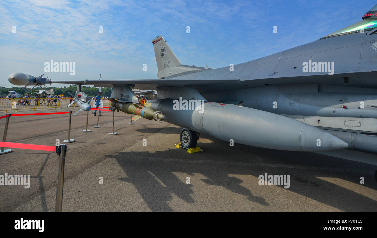 Singapore - Feb 10, 2018. Part of Lockheed Martin F-16 Fighting Falcon fighter aircraft of Singapore Air Force (RSAF) in Changi, Singapore. Stock Photo