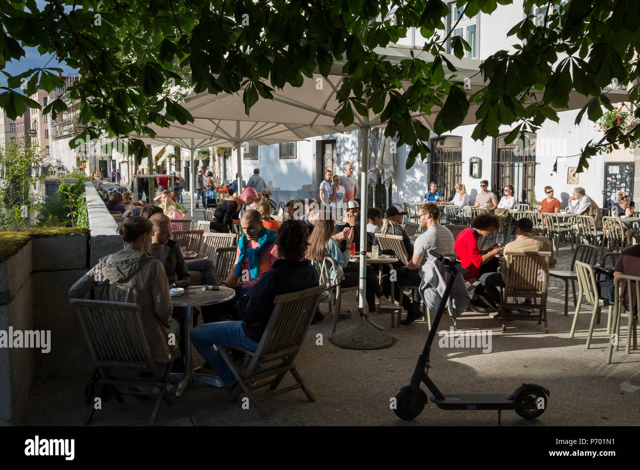 Riverside bars on both sides of Cankarjevo Nabrezje in the Slovenian capital, Ljubljana, on 25th