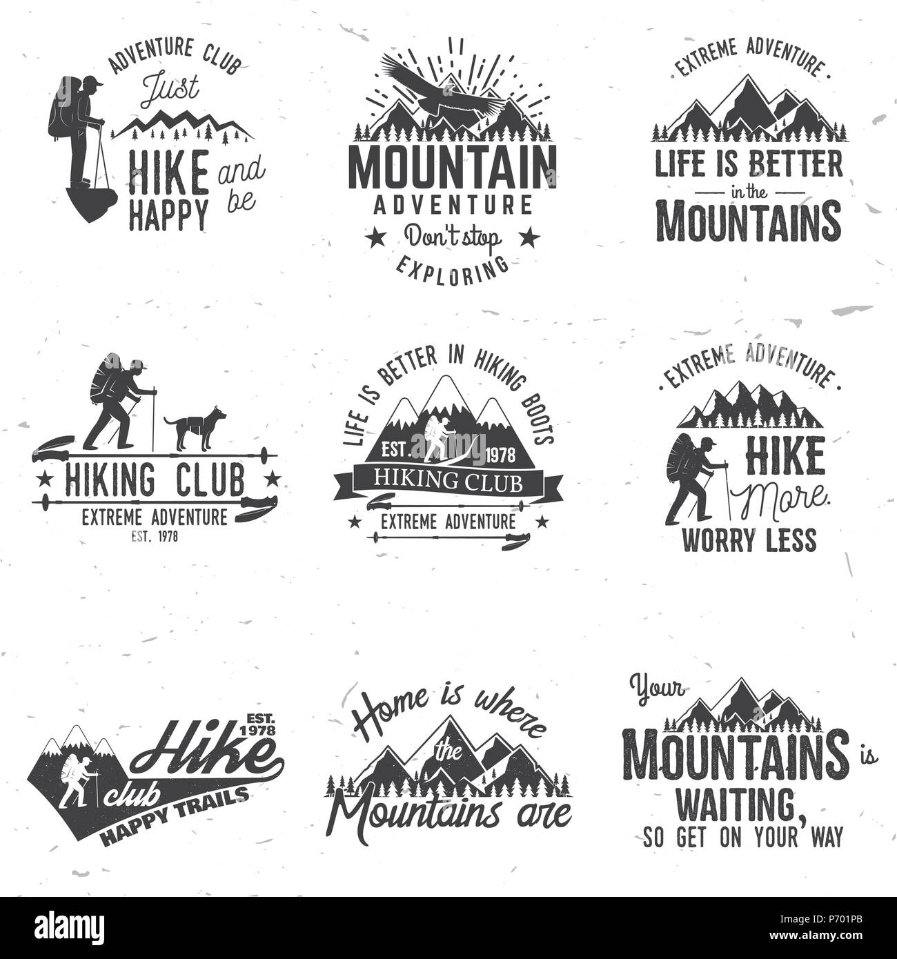 Set of extreme adventure badges. Mountains related typographic quote. Vector illustration. Stock Vector