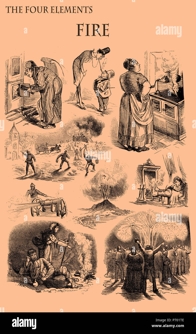 The four elements: Fire. Caricature, fun and humor on situations related to fire element printed on a 19th century magazine Stock Photo
