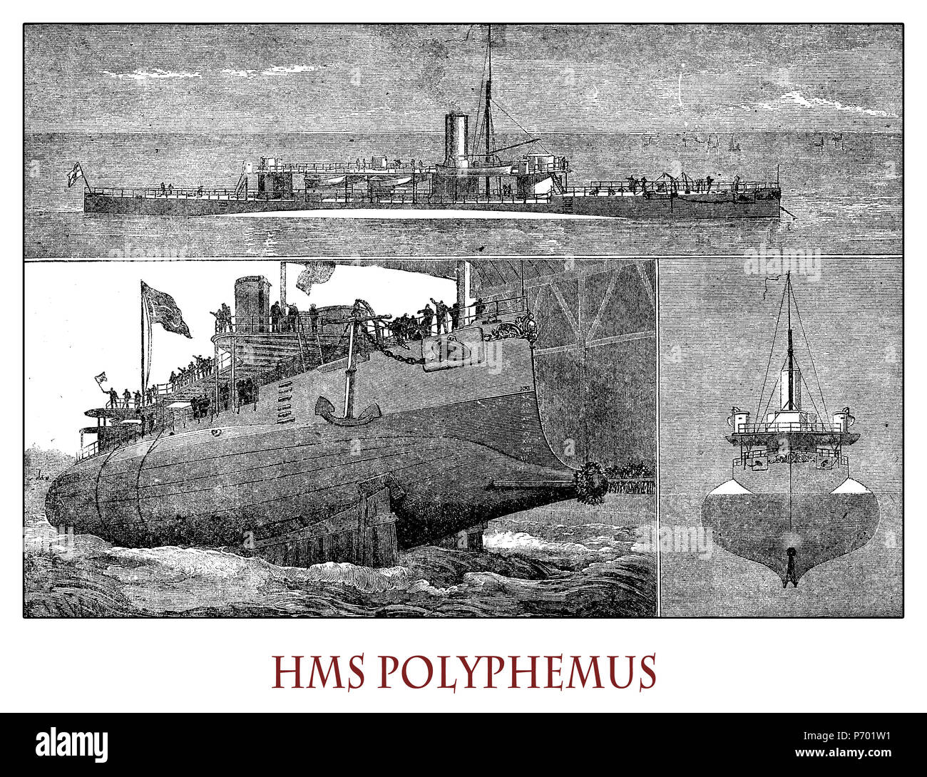 HMS Polyphemus was a British royal navy ironclad, torpedo ram  with torped tubes from 1881 used for coastal defence, litoral combat and to sink enemy anchored ships. Illustrations from a Swiss magazine of XIX century Stock Photo