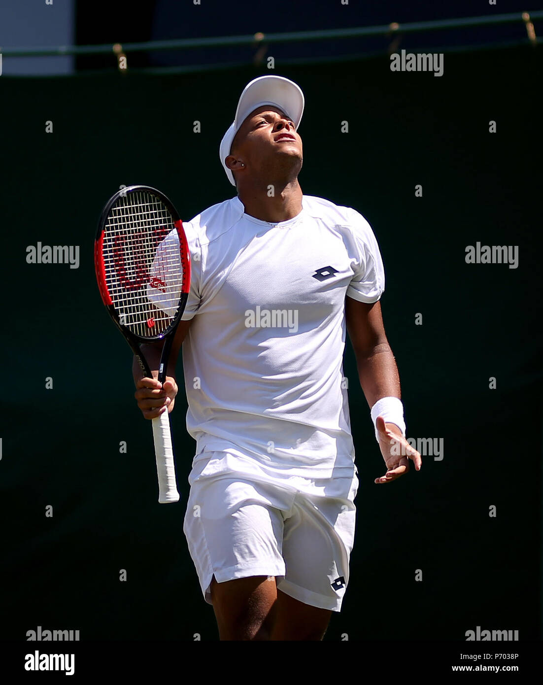 Jay Clarke reacts on day two of the Wimbledon Championships at the All England Lawn Tennis and Croquet Club, Wimbledon. Stock Photo