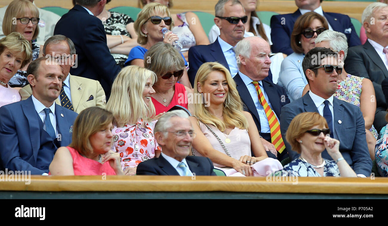 Carlo Nero and Joely Richardson (left) with Tess Daly and Vernon Kay as they watch the action on centre court from the Royal Box on day two of the Wimbledon Championships at the All England Lawn Tennis and Croquet Club, Wimbledon. Stock Photo