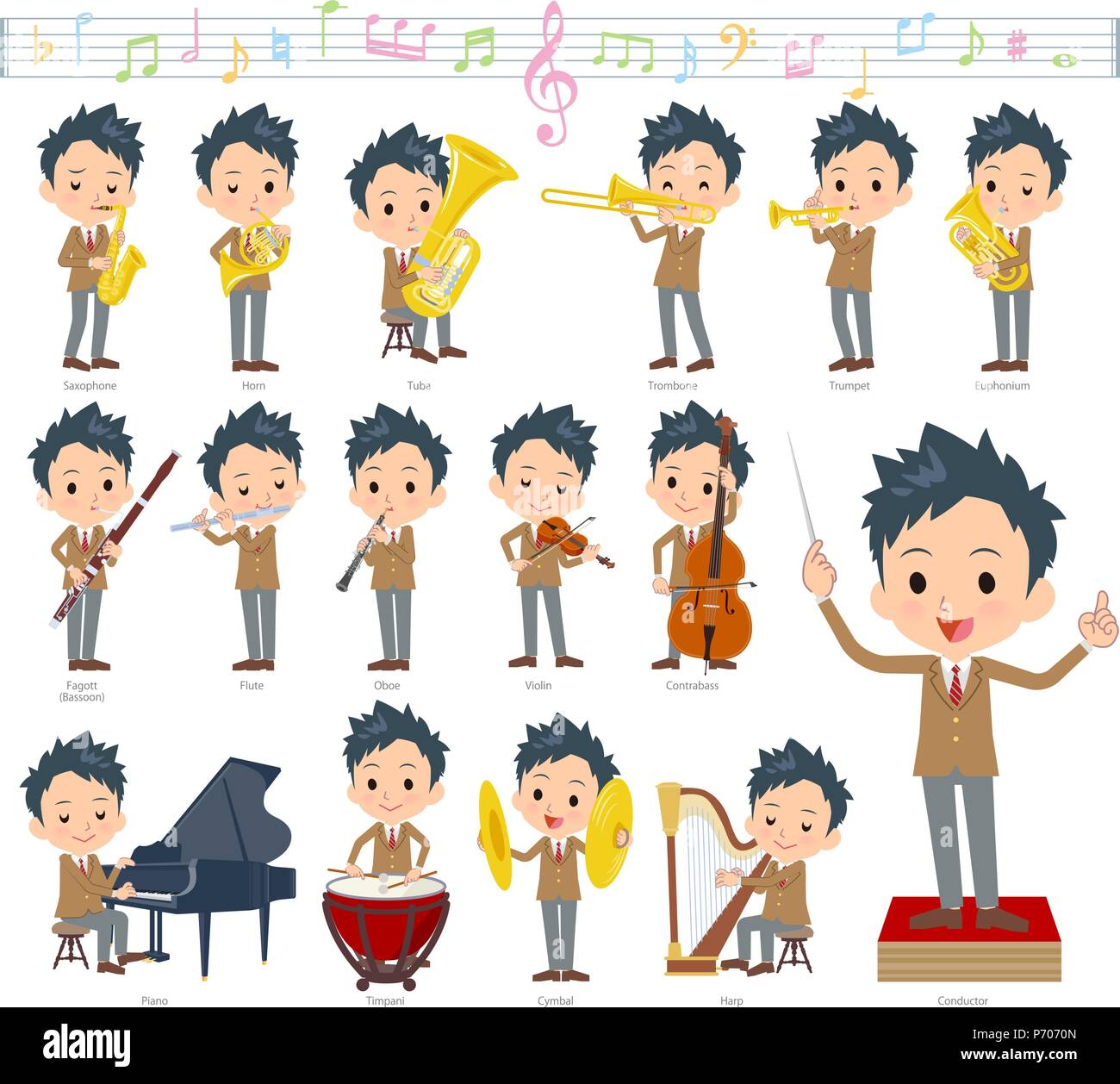 A set of School boy on classical music performances.There are actions