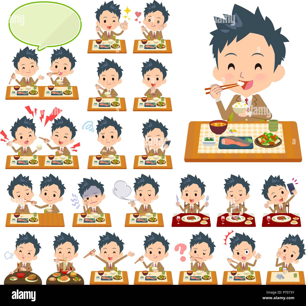 A set of School boy about meals.Japanese and Chinese cuisine, Western style dishes and so on.It's vector art so it's easy to edit. Stock Vector