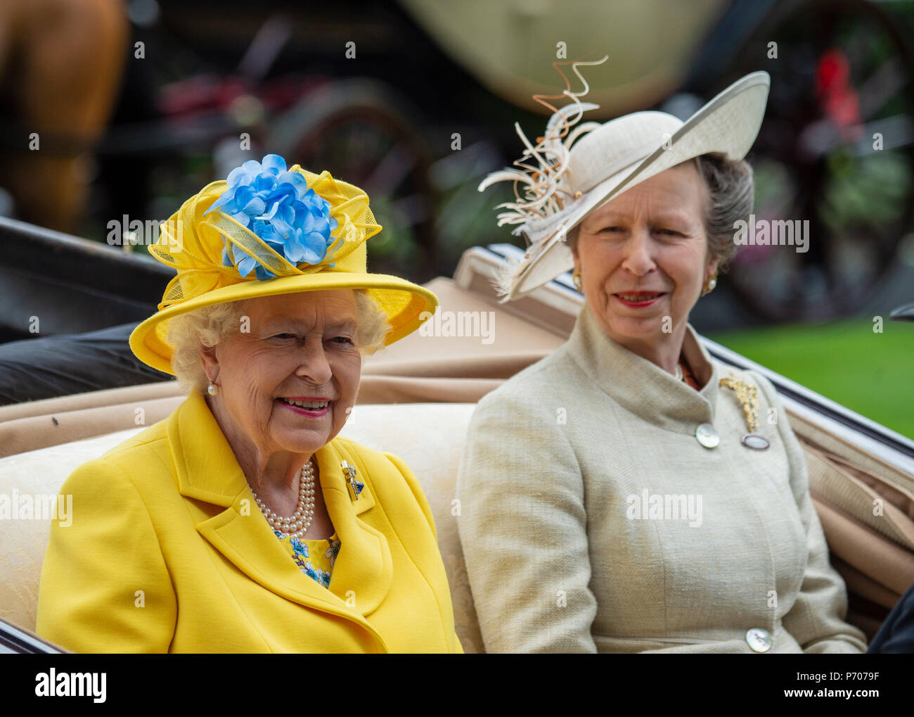 H M The Queen and The Princess Royal share a carriage for the first day of Royal Ascot Stock Photo