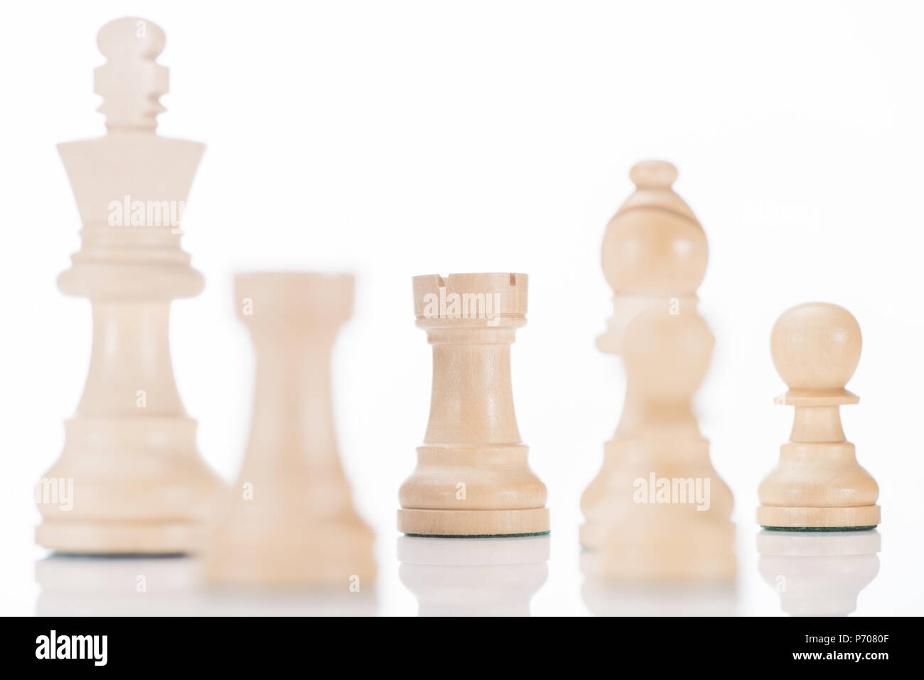 white chess king, rooks, bishop and pawns on white Stock Photo